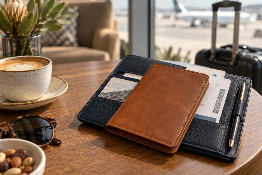 Passport sleeve and travel document organiser on an airport lounge table